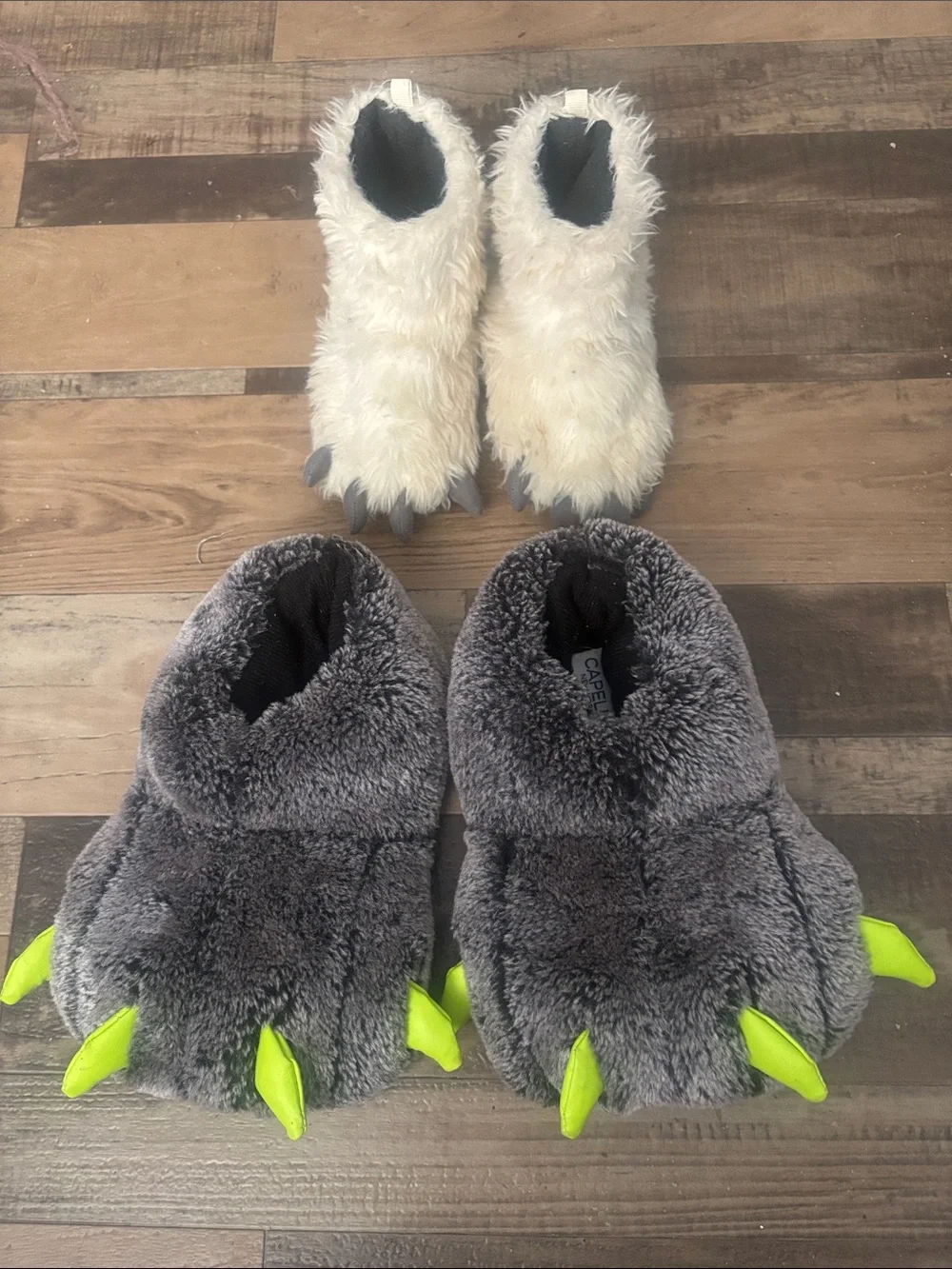 Kids Plush Monster Paw Slippers - Gray and Cream